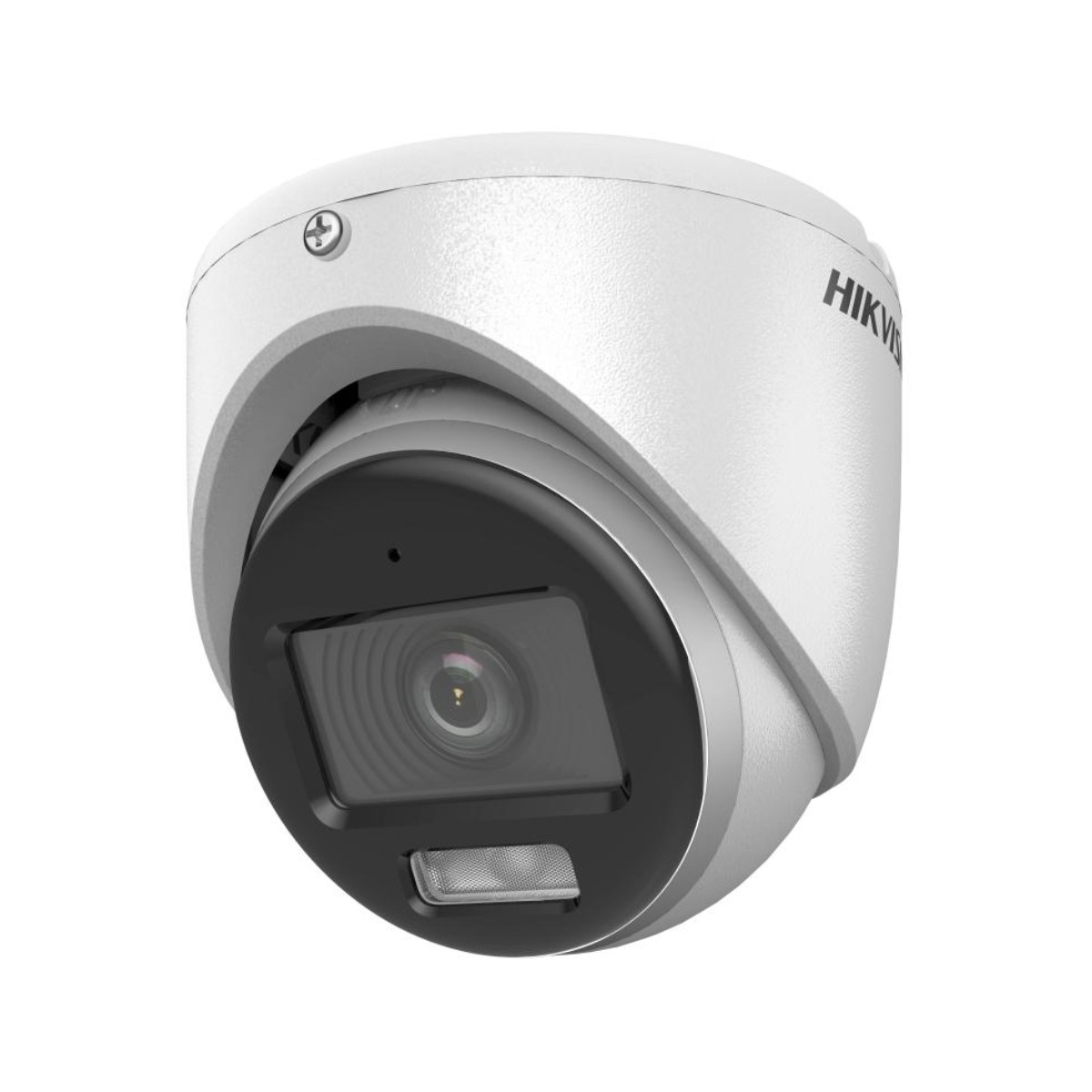Una telecamera di sicurezza a cupola bianca con area lente nera. Il marchio 'HIKVISION' è visibile.