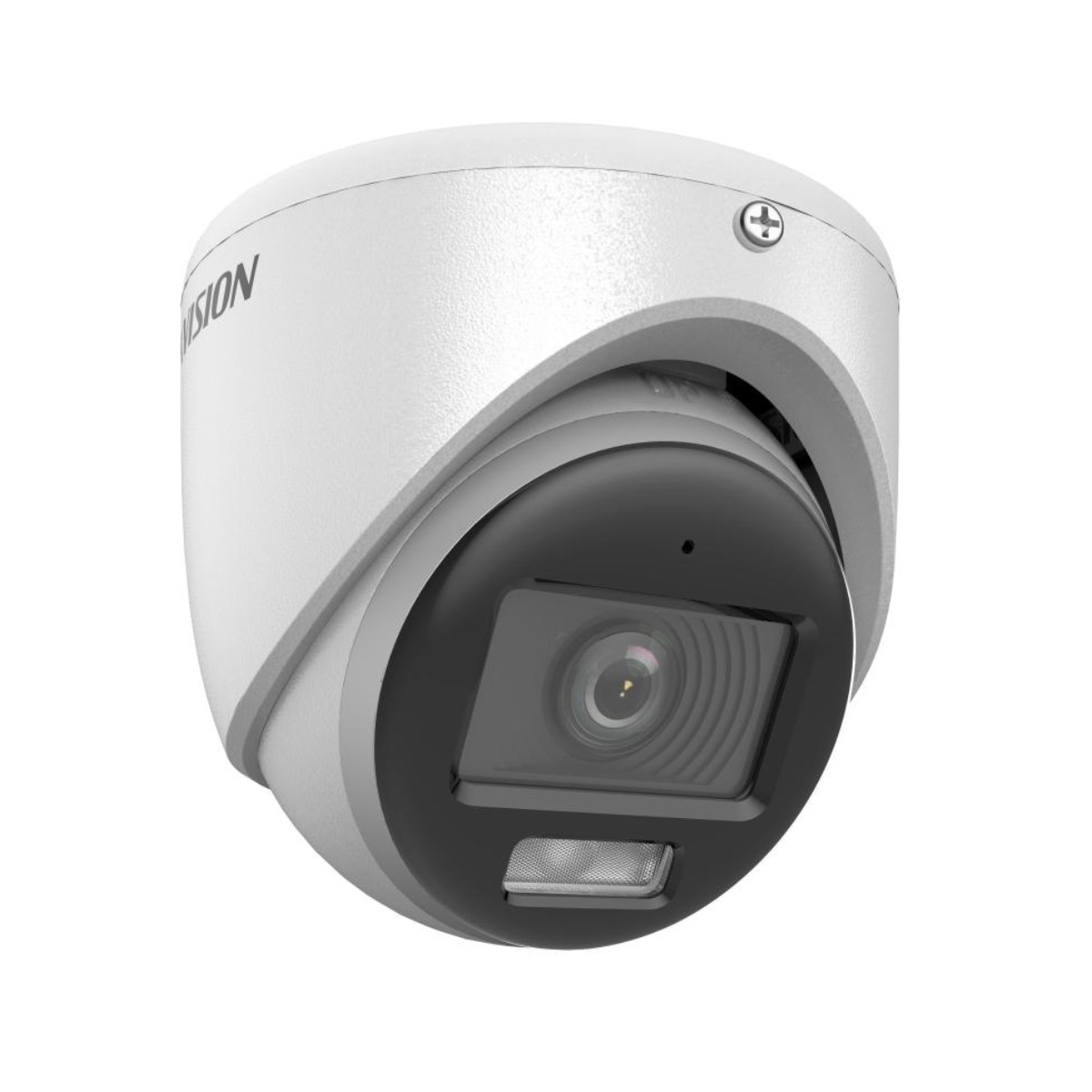 Una telecamera di sicurezza a cupola bianca con obiettivo nero e finiture argentate. La telecamera ha la scritta 'VISION' sul lato.