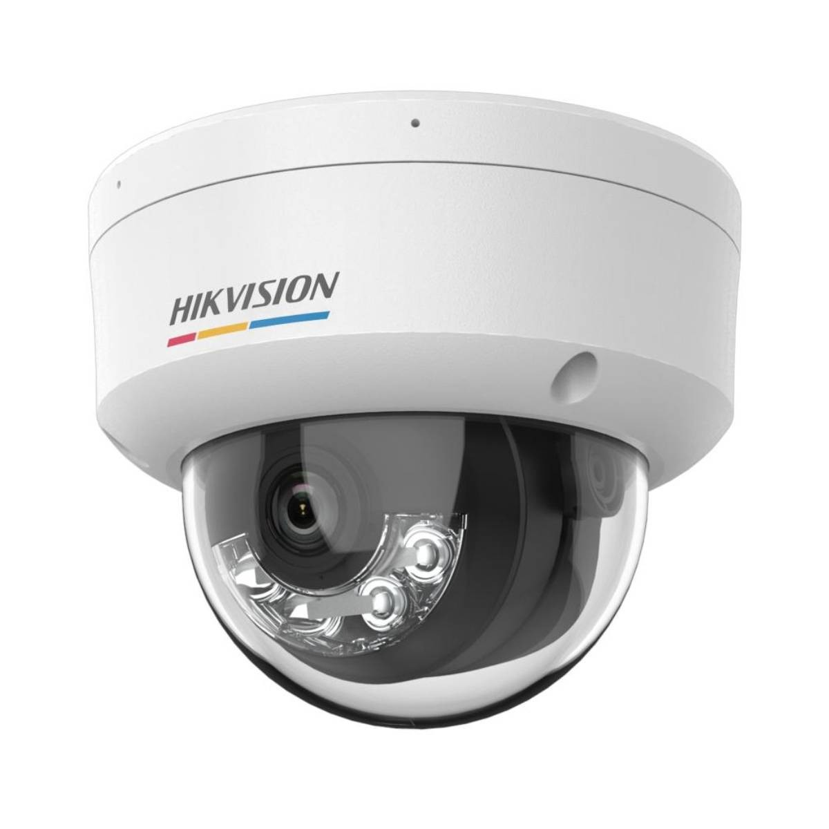 Una cámara domo Hikvision blanca con cubierta transparente. Tiene una lente y luces LED, con el nombre y logotipo de la marca arriba.