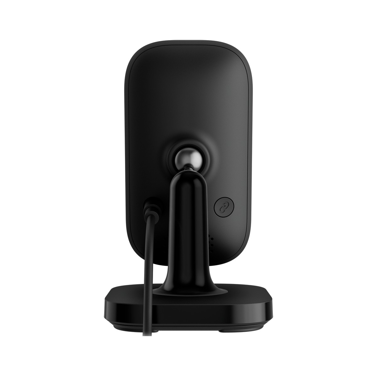 Una telecamera di sicurezza nera è mostrata da dietro. Ha una forma rettangolare arrotondata, montata su un supporto con un cavo.