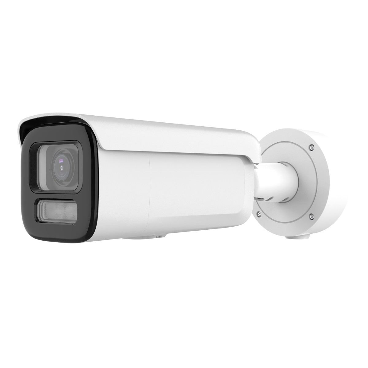 Una telecamera di sicurezza bianca con parte anteriore nera. È montata su una superficie bianca. L'obiettivo è visibile.