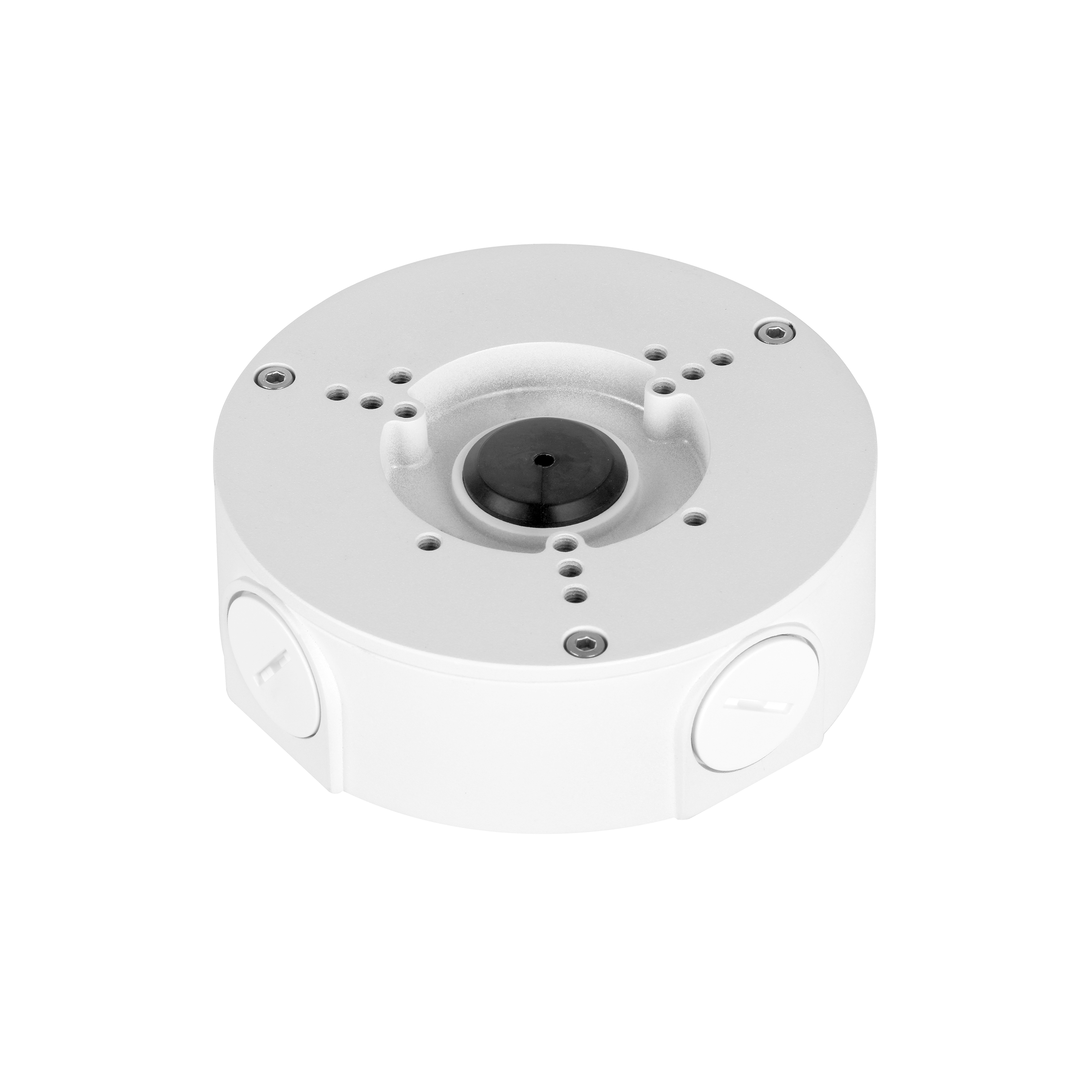 Un supporto bianco e circolare per telecamera di sicurezza con centro nero e fori per viti, isolato su bianco.