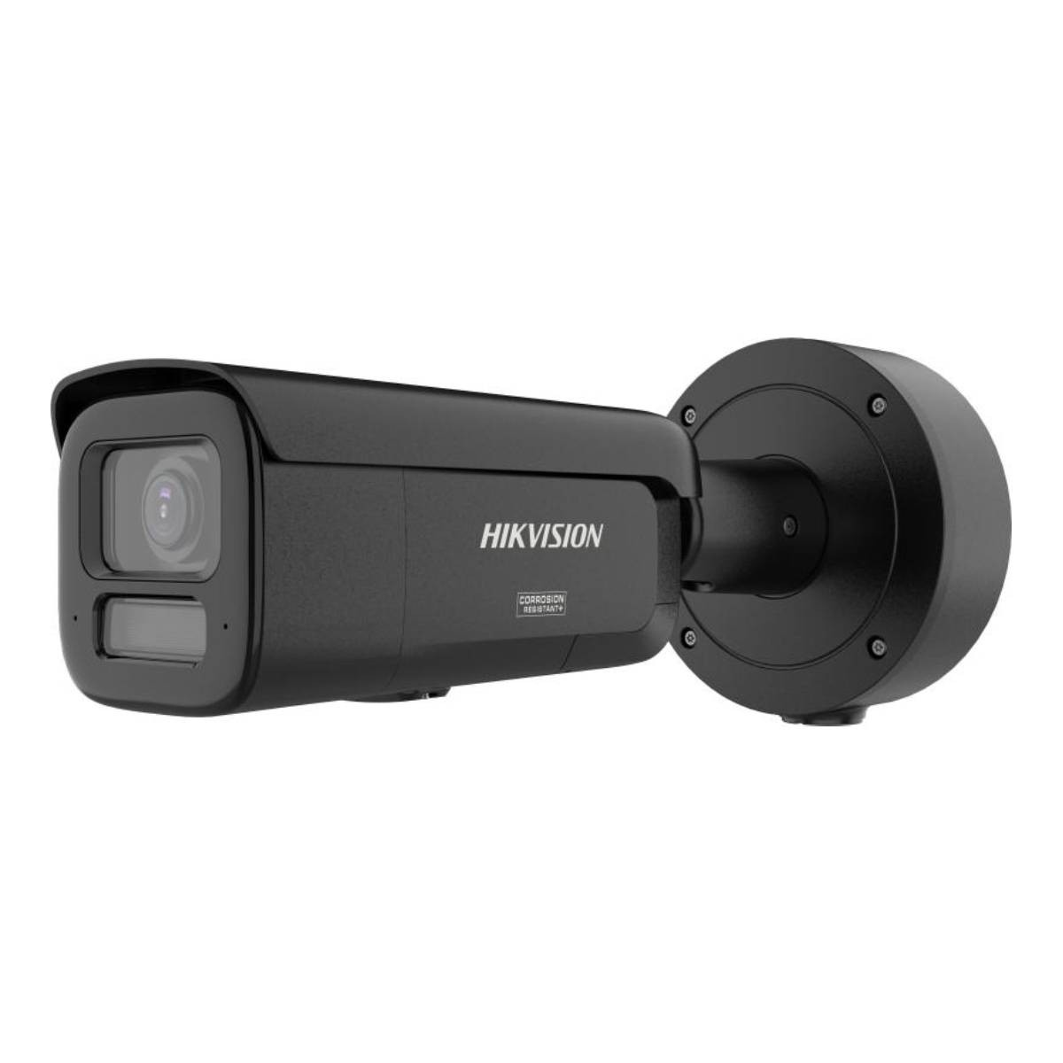 Una telecamera di sicurezza Hikvision nera montata su un muro bianco. La telecamera è rettangolare con un obiettivo e luci a infrarossi.