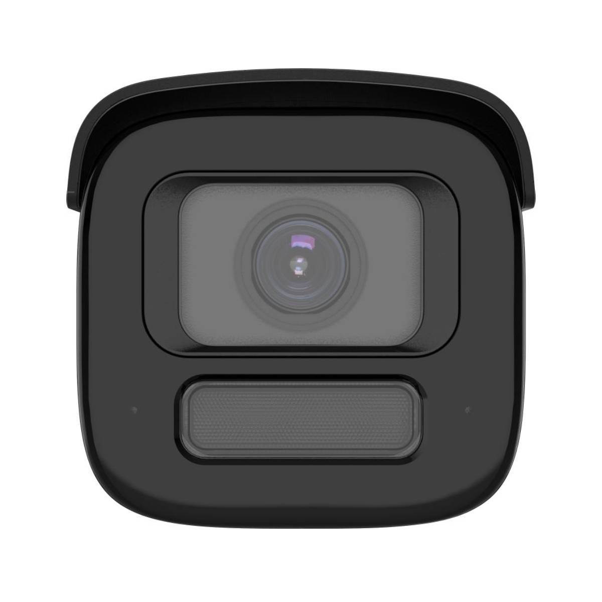 Una telecamera di sicurezza nera con un obiettivo e un altoparlante rettangolare. La telecamera è in un involucro nero.