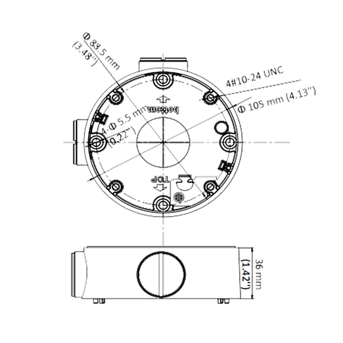 Disegno tecnico di una scatola elettrica circolare con dimensioni ed etichette. Include viste dall'alto e laterali, con misure in mm e pollici.