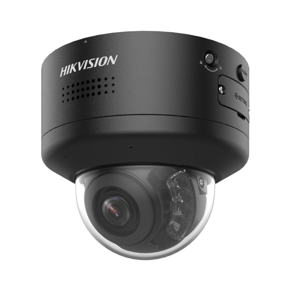 Telecamera di sicurezza a cupola Hikvision nera con cupola trasparente, obiettivo e luci a infrarossi. Ha un pulsante e un'etichetta di impostazione.