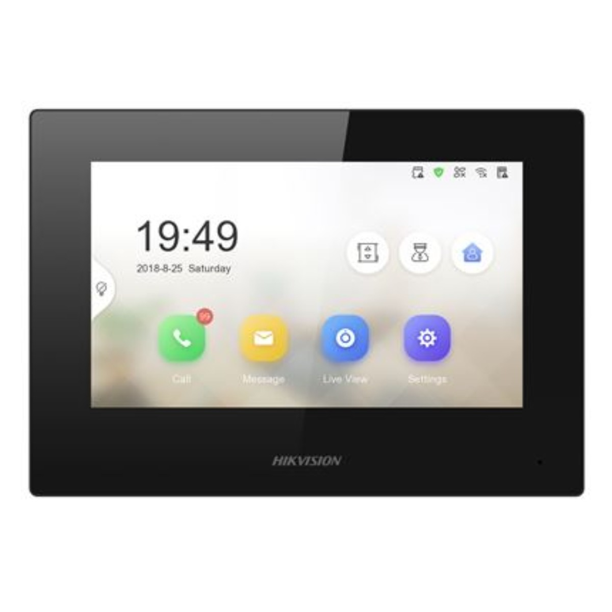 Monitor touchscreen Hikvision nero che mostra ora, data e icone app per chiamata, messaggio, live view e impostazioni.