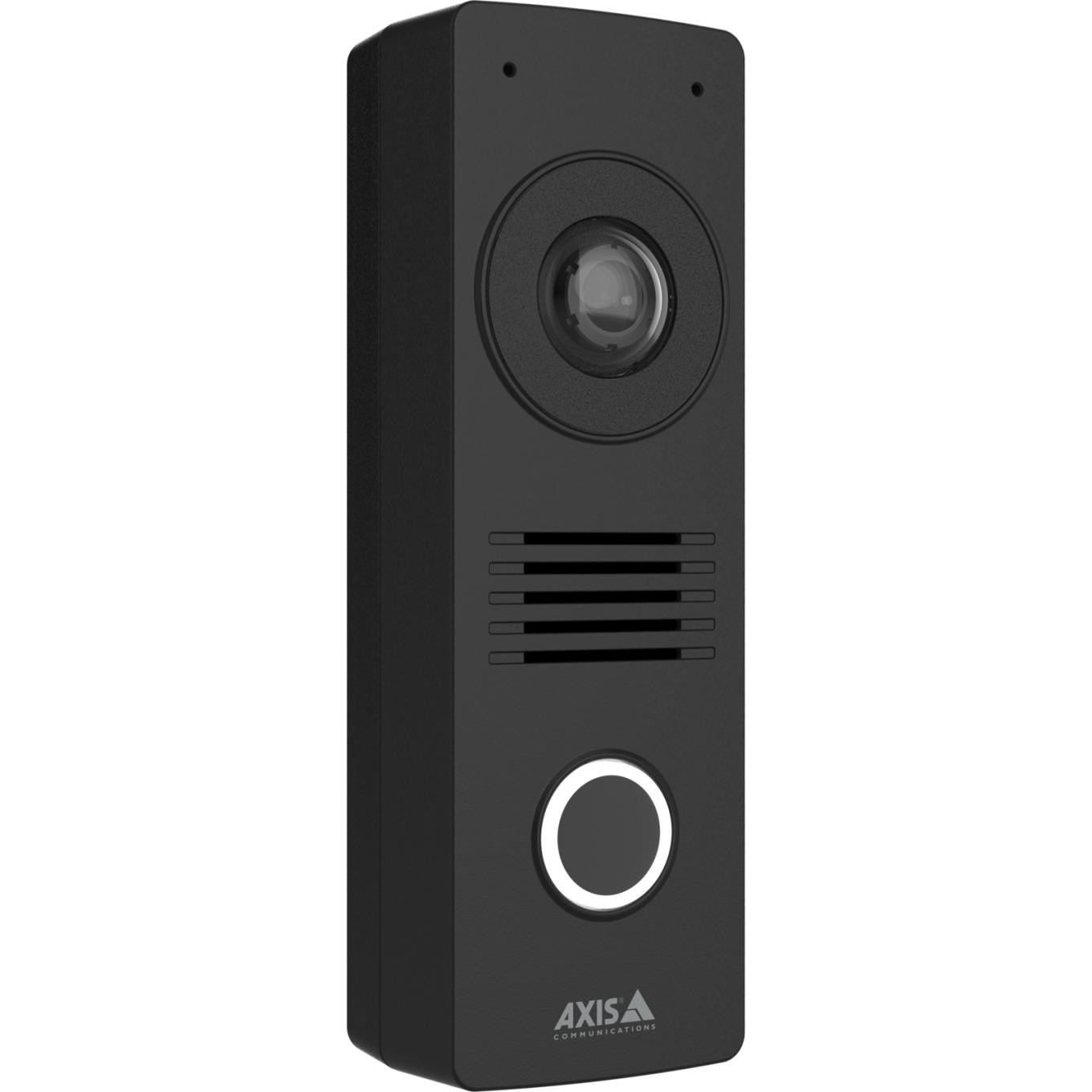 Ein schwarzes Axis-Intercom-Gerät. Es hat ein Kameraobjektiv, Lautsprecherschlitze, eine Ruftaste und das Axis-Logo.