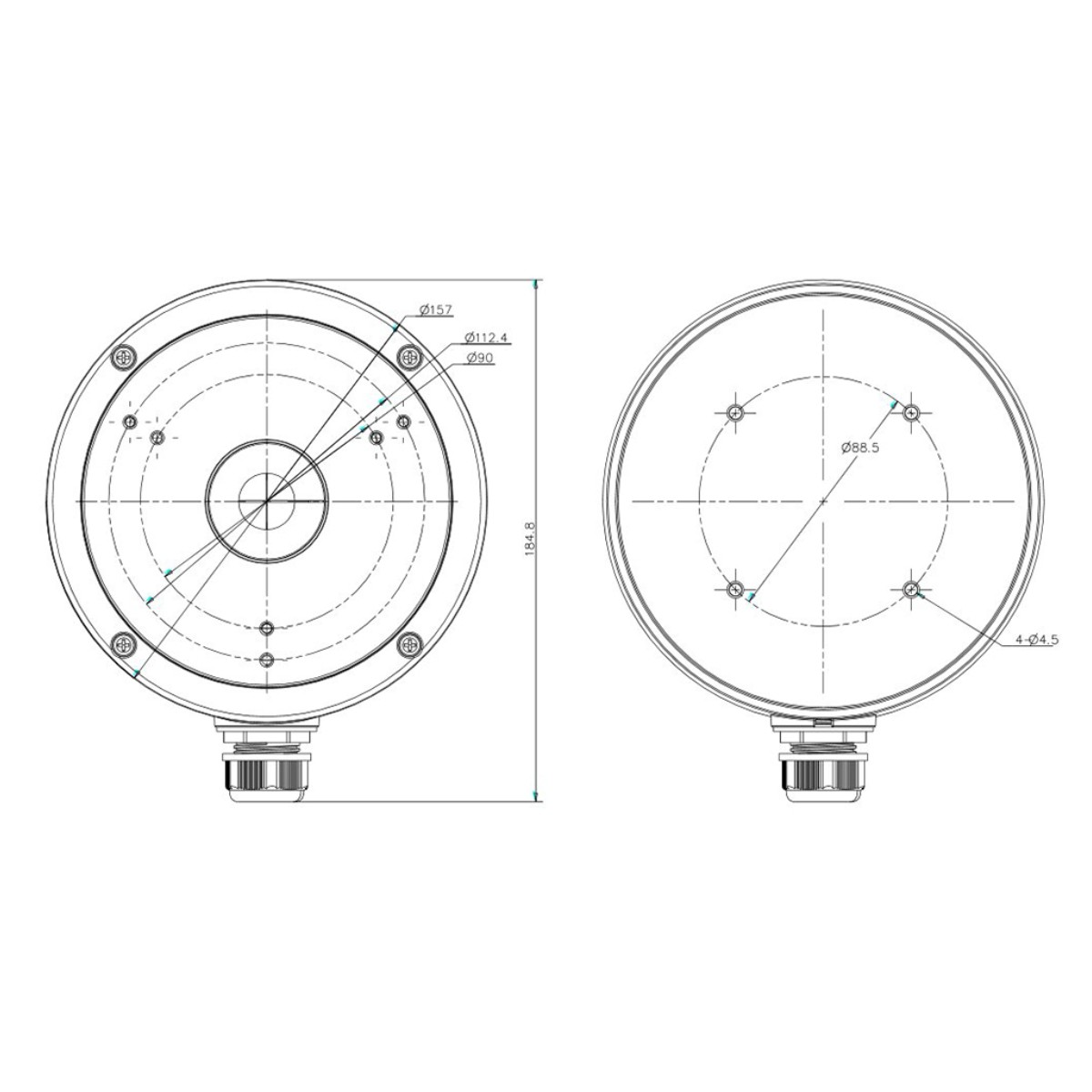 Disegno tecnico di un dispositivo circolare con misure. Include dimensioni e diametri, con un connettore in basso.