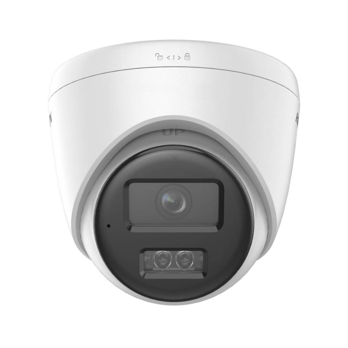 Una telecamera di sicurezza bianca con obiettivo nero. Ha una forma a cupola, con la scritta 'UP' stampata sul davanti.