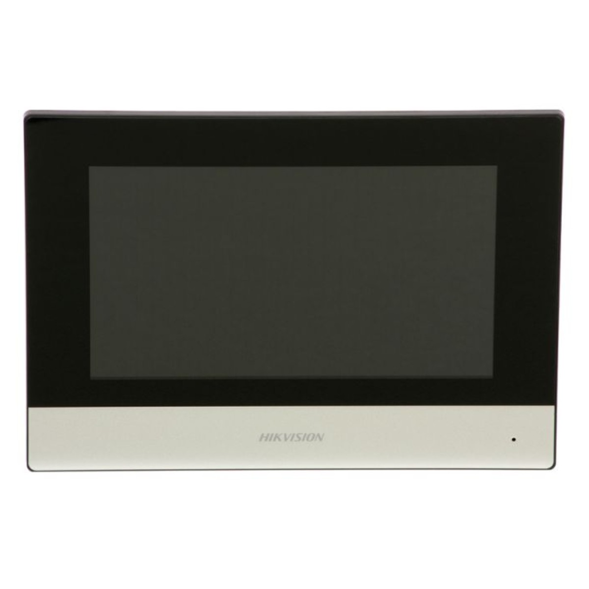Un monitor Hikvision rettangolare nero e argento. Ha una cornice nera attorno a uno schermo scuro.