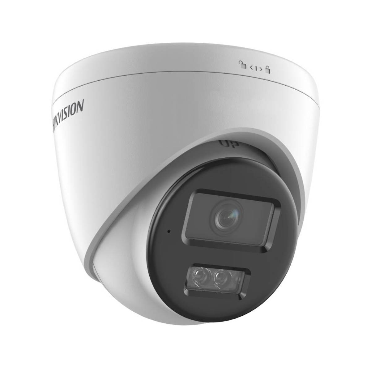Una telecamera di sicurezza a cupola bianca e nera. Ha un obiettivo e due luci più piccole. La parola 'HIKVISION' è visibile.