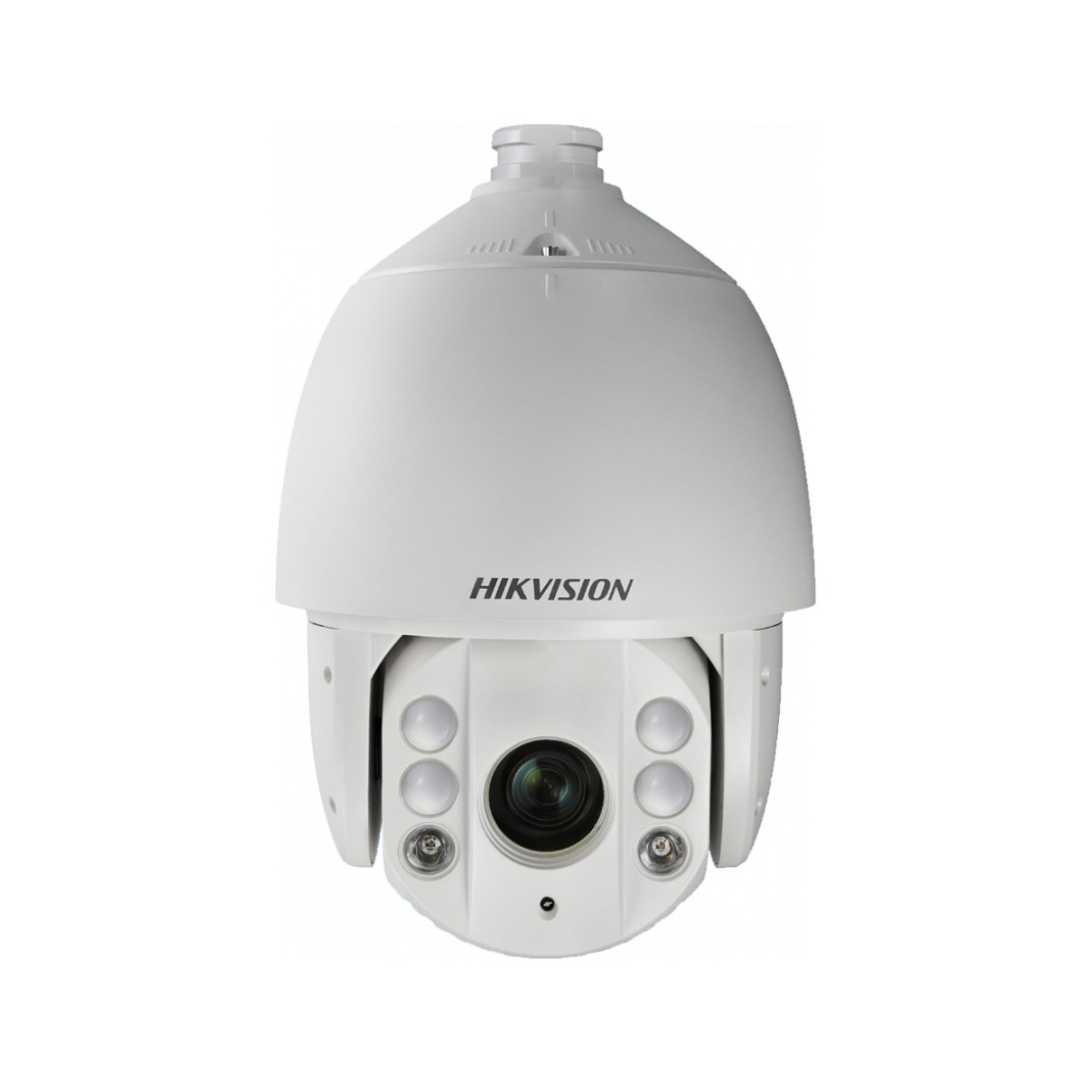Una telecamera di sicurezza Hikvision bianca. Ha una parte superiore a cupola con il marchio. L'obiettivo della telecamera è nella parte anteriore.