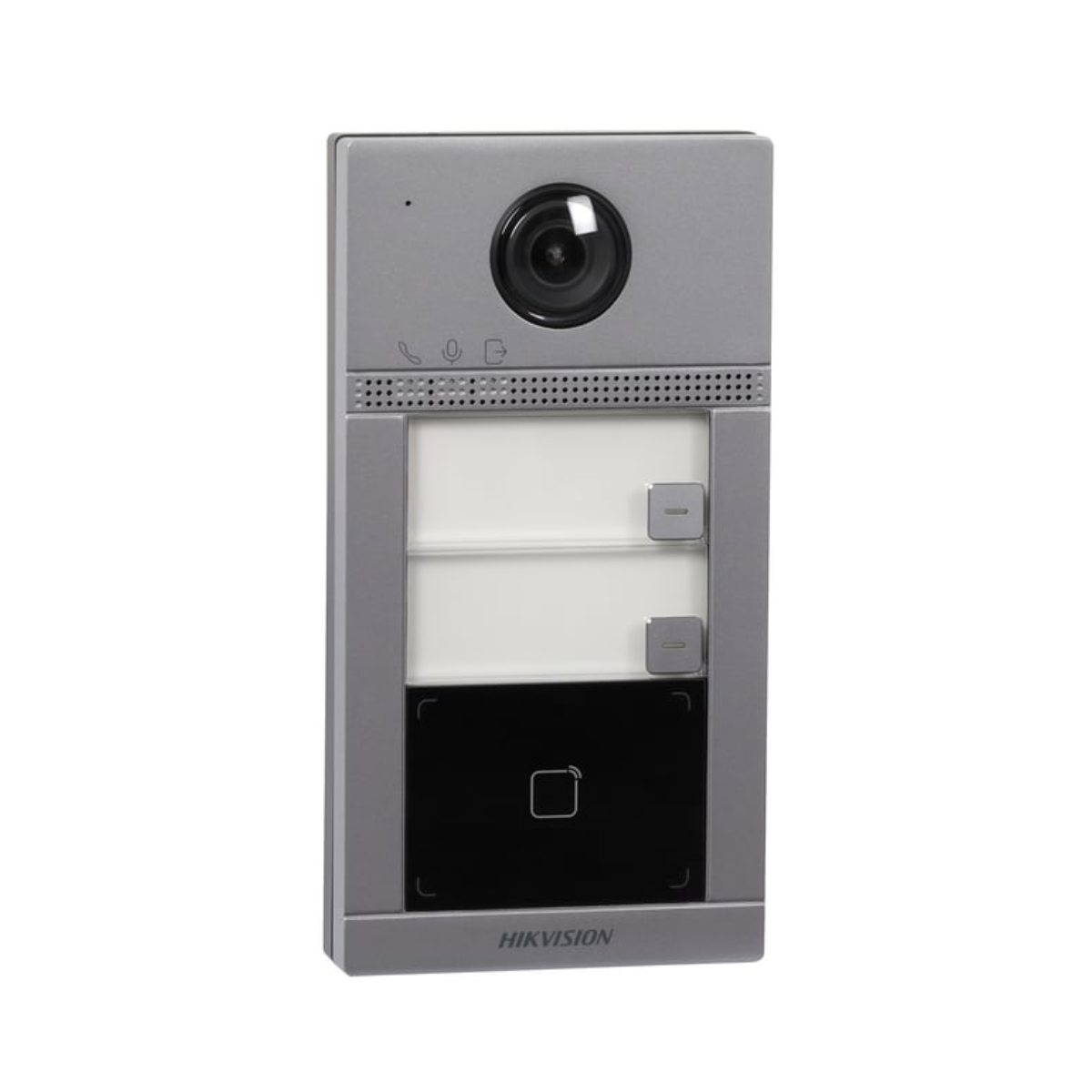 Dispositivo de entrada de puerta Hikvision gris con cámara, paneles blancos y lector de tarjetas negro.