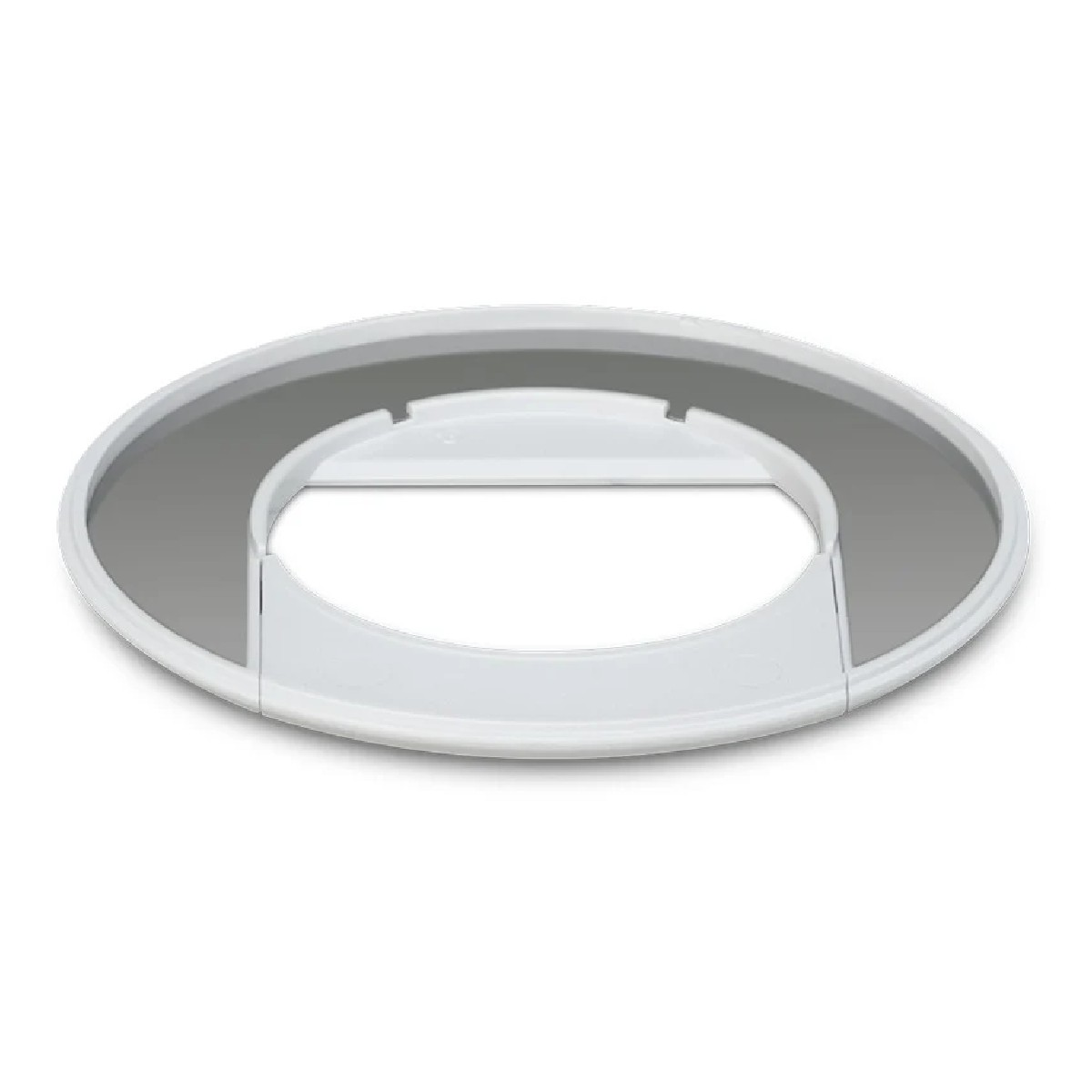 Ein weißer Kunststoffring mit einem grauen Innenband. Der Ring hat eine ovale Form mit offenem Zentrum.