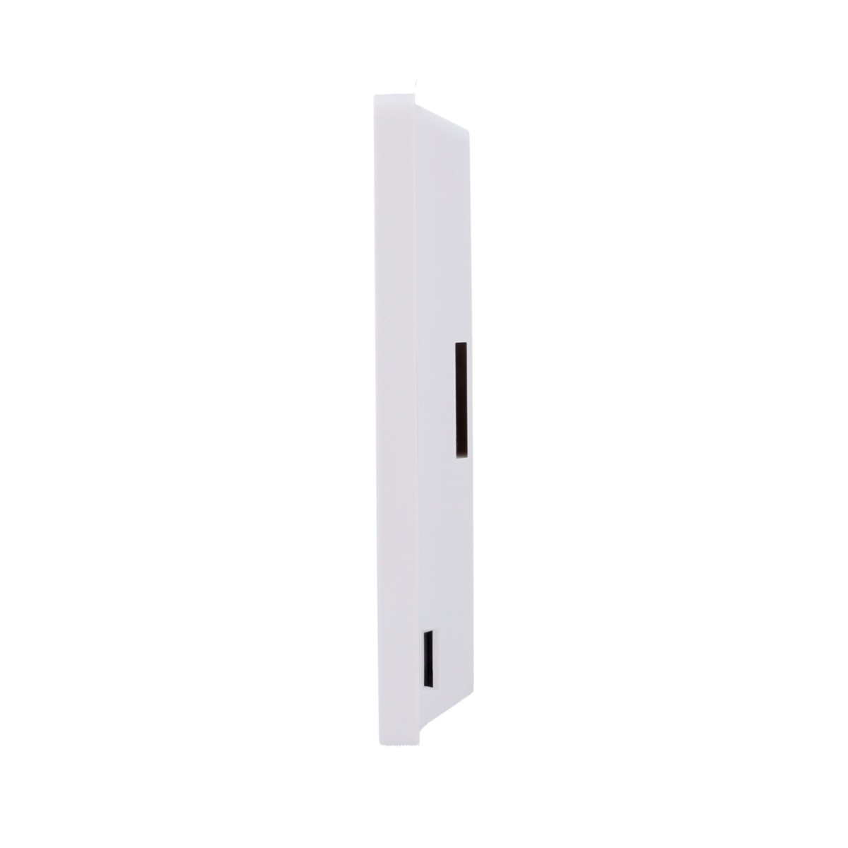 Un objeto blanco y rectangular con dos ranuras negras verticales. El objeto está sobre un fondo blanco. Parece un interruptor de pared.