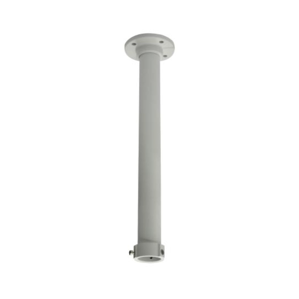 Un supporto a soffitto bianco, con base circolare, un lungo palo cilindrico e un'estremità circolare più piccola.