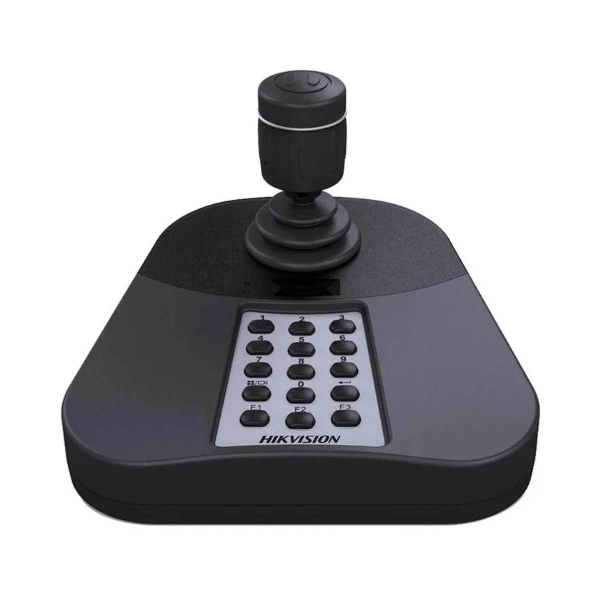 Controller joystick nero con pulsanti e logo Hikvision. Ha un joystick in alto e diversi pulsanti in basso.