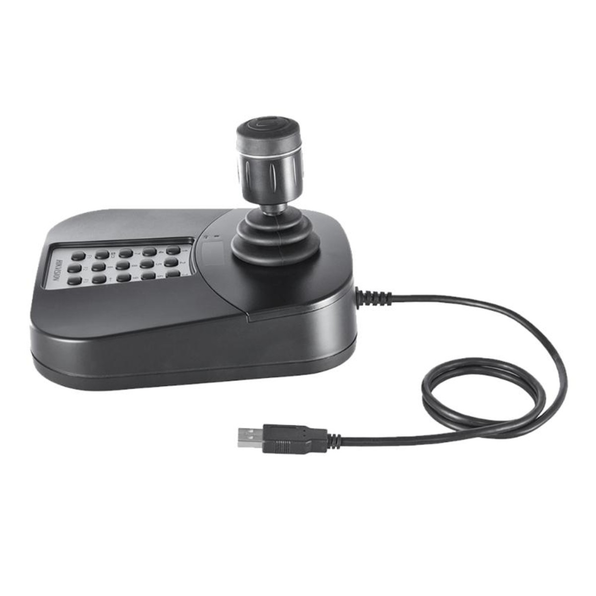 Controller joystick nero con cavo USB. Ha pulsanti e un joystick. La base è scura, con un joystick circolare in alto.
