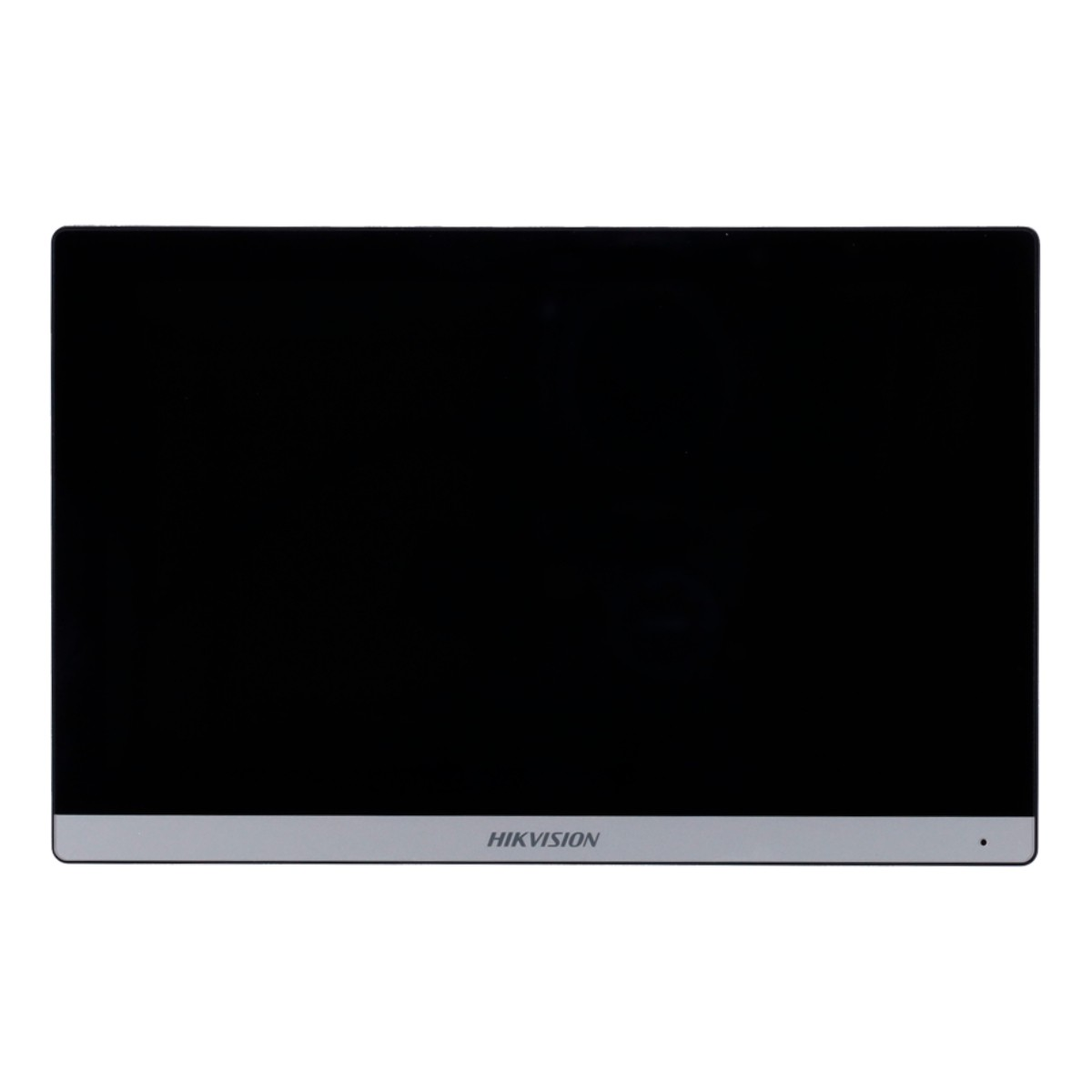 Una pantalla negra con una franja inferior plateada. La palabra HIKVISION está escrita en la franja plateada.