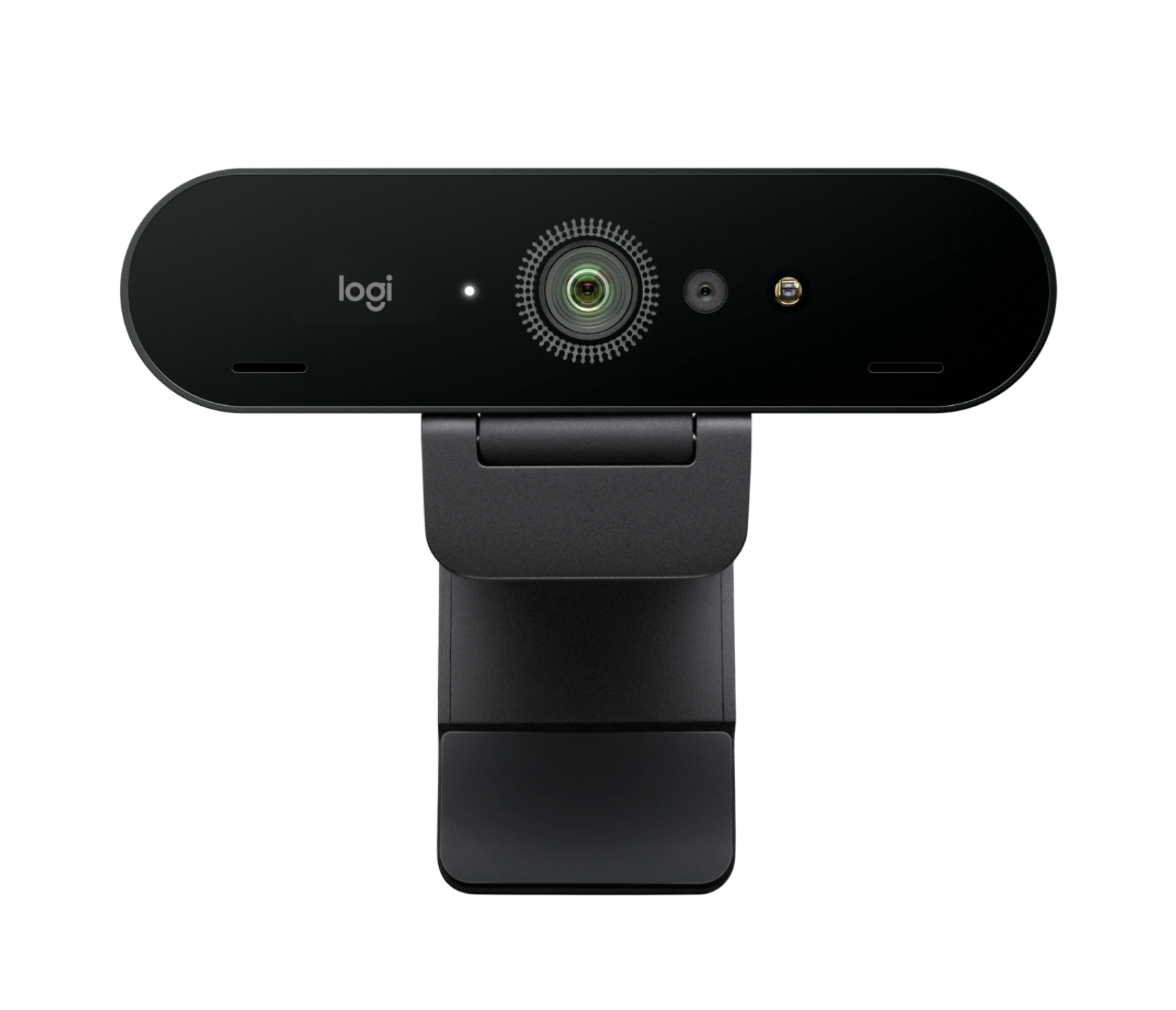 Una webcam Logitech nera. Ha un obiettivo, una spia e il logo Logitech. È montata su un supporto nero.