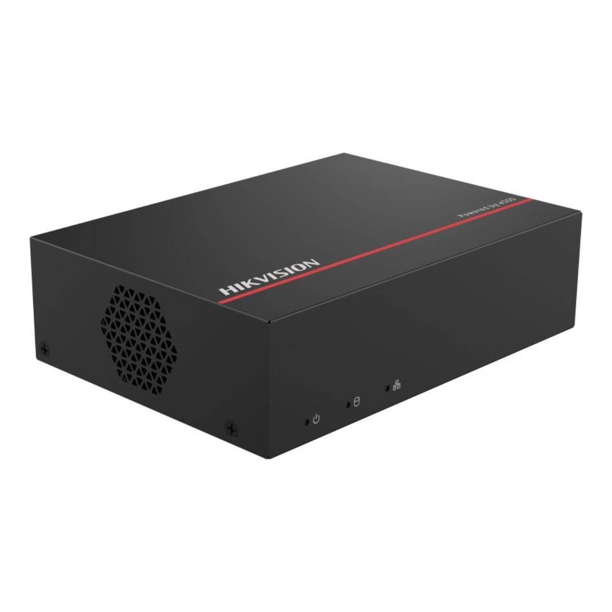 Dispositivo Hikvision nero con una striscia rossa. Il dispositivo ha il marchio e icone in basso.