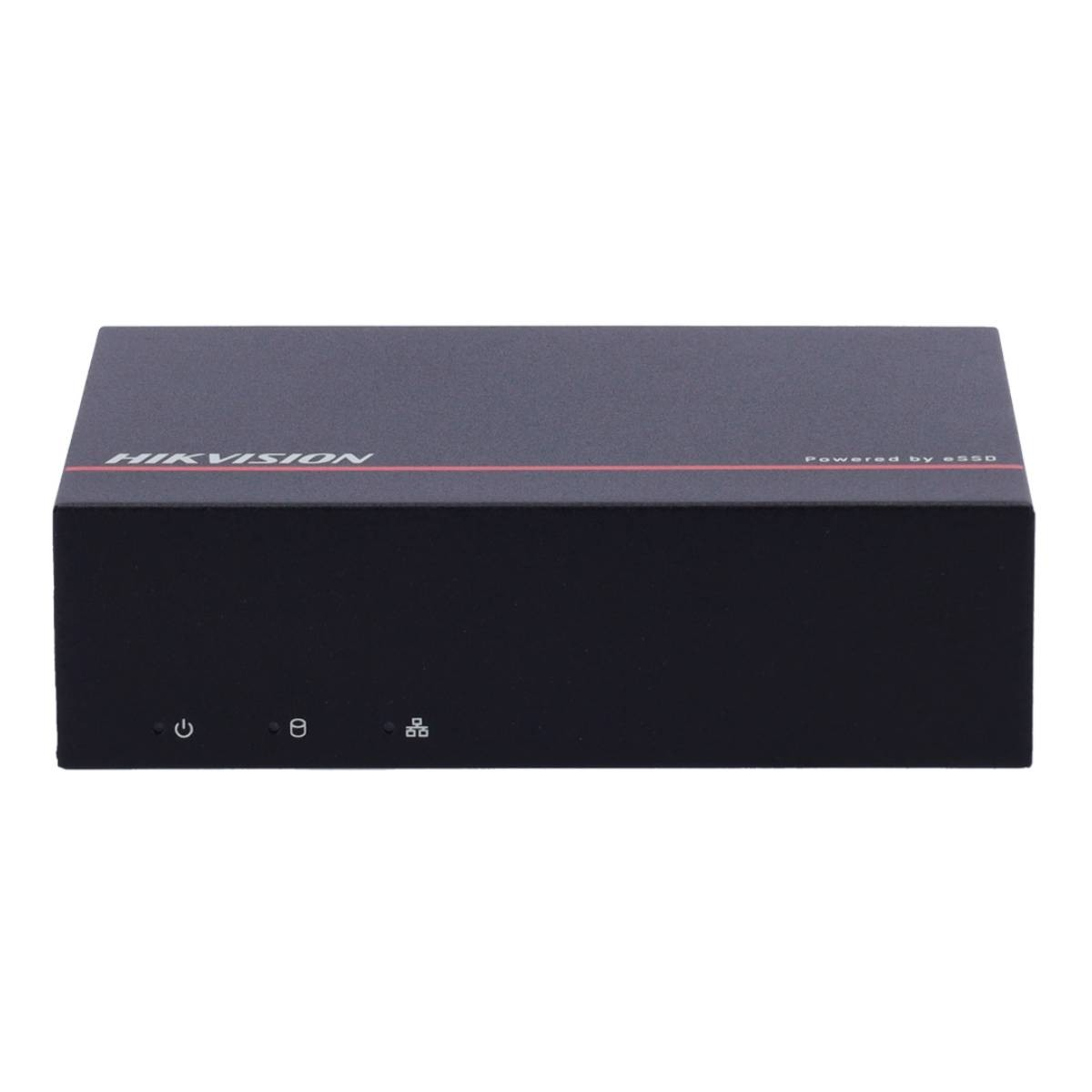 Dispositivo Hikvision nero. Ha il marchio in alto e varie icone sul davanti. Powered by essd è a destra.