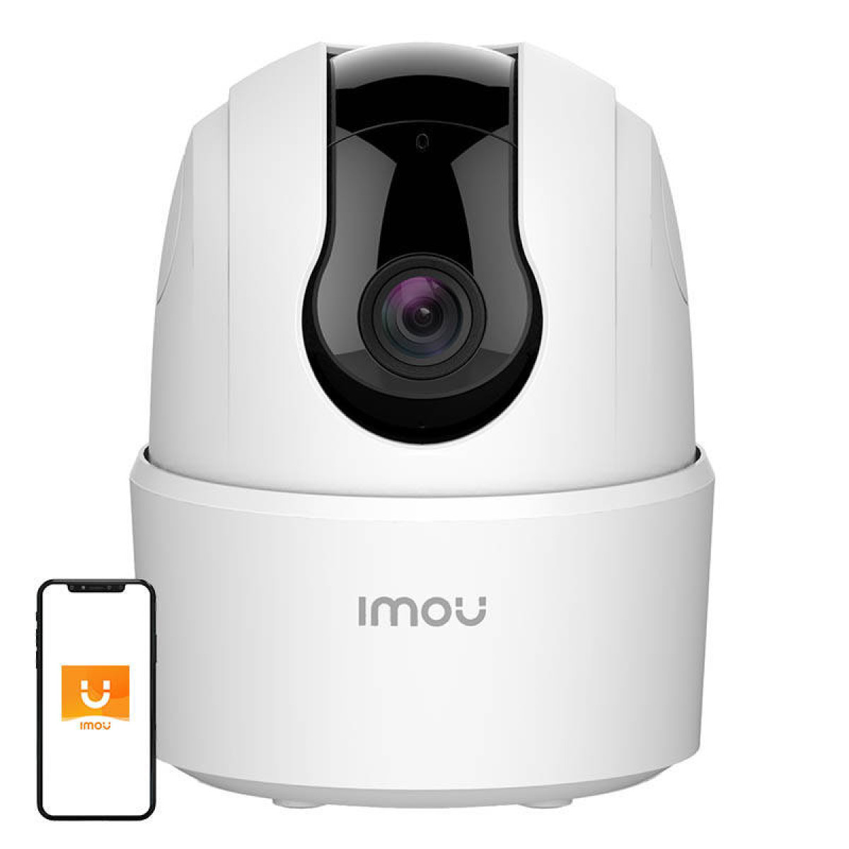 Telecamera di sicurezza IMOU bianca con lente nera e smartphone con icona dell'app IMOU.