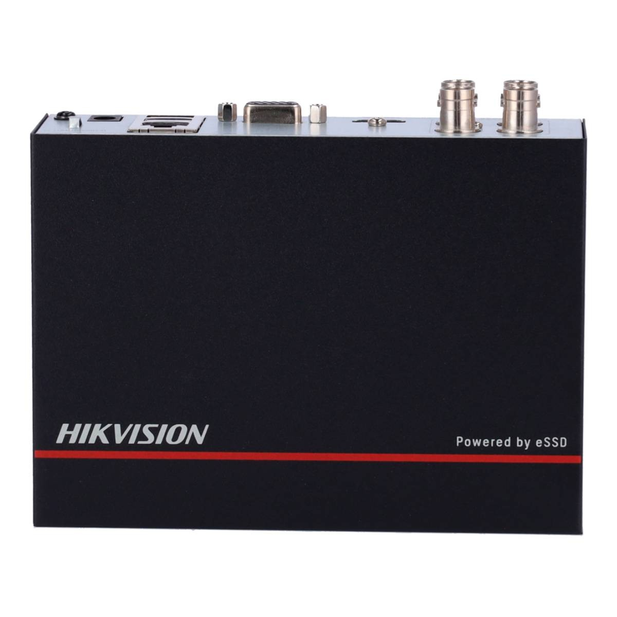 Un dispositivo HIKVISION nero con porte argentate sopra. Linea rossa e testo 'Powered by eSSD' sul davanti.