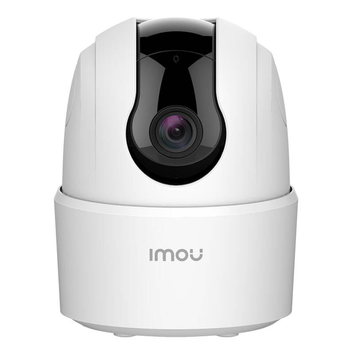 Telecamera di sicurezza bianca e nera. La fotocamera ha un obiettivo nero e il marchio è 'imou'.
