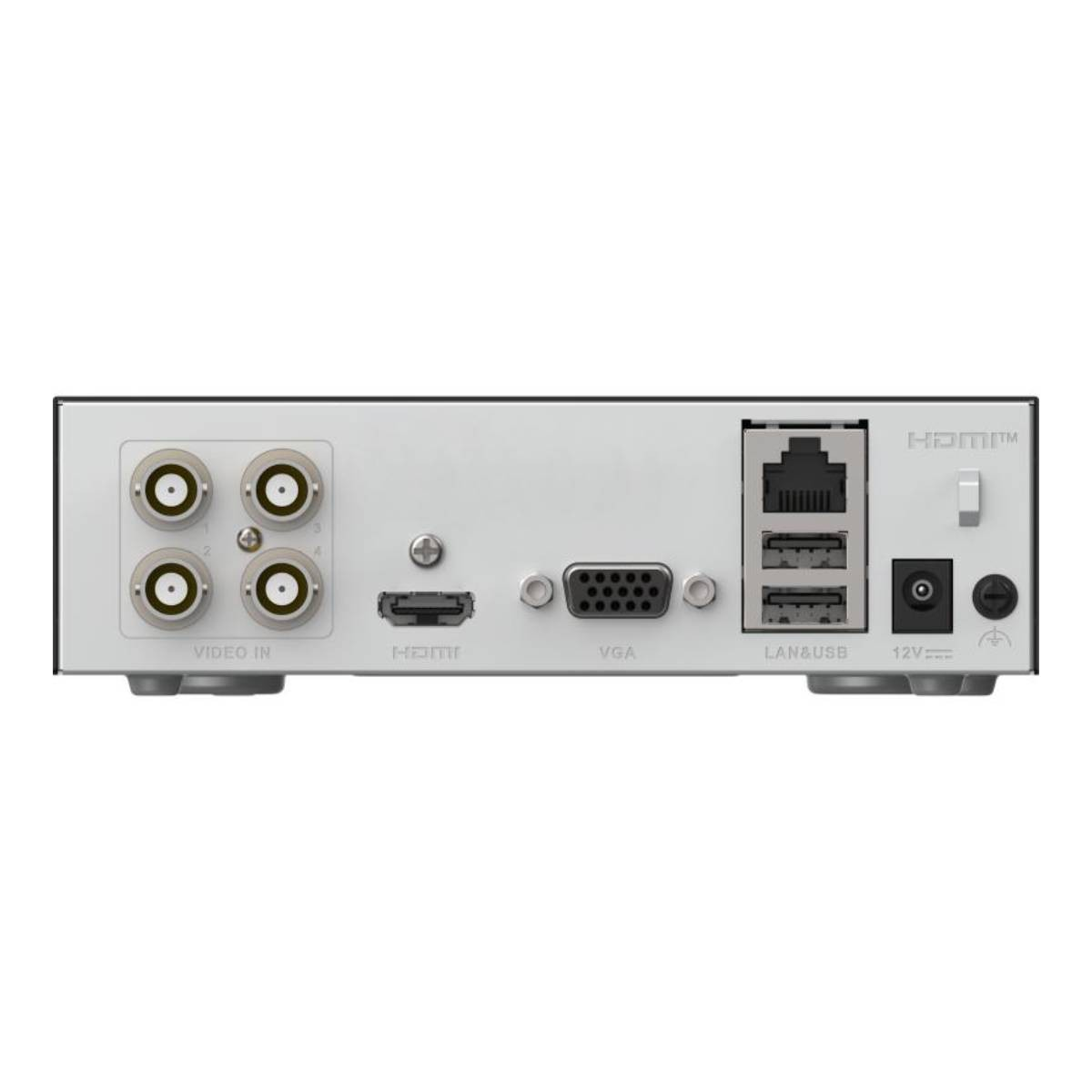 Pannello posteriore di un dispositivo con ingresso video, porte HDMI, VGA, LAN/USB e ingresso di alimentazione. Le etichette indicano la funzione di ogni porta.