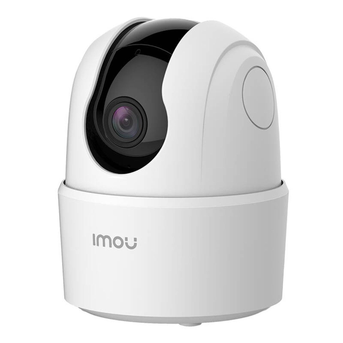 Una telecamera di sicurezza bianca e nera con il logo 'imou'. Ha una parte superiore arrotondata con una lente e una base cilindrica.
