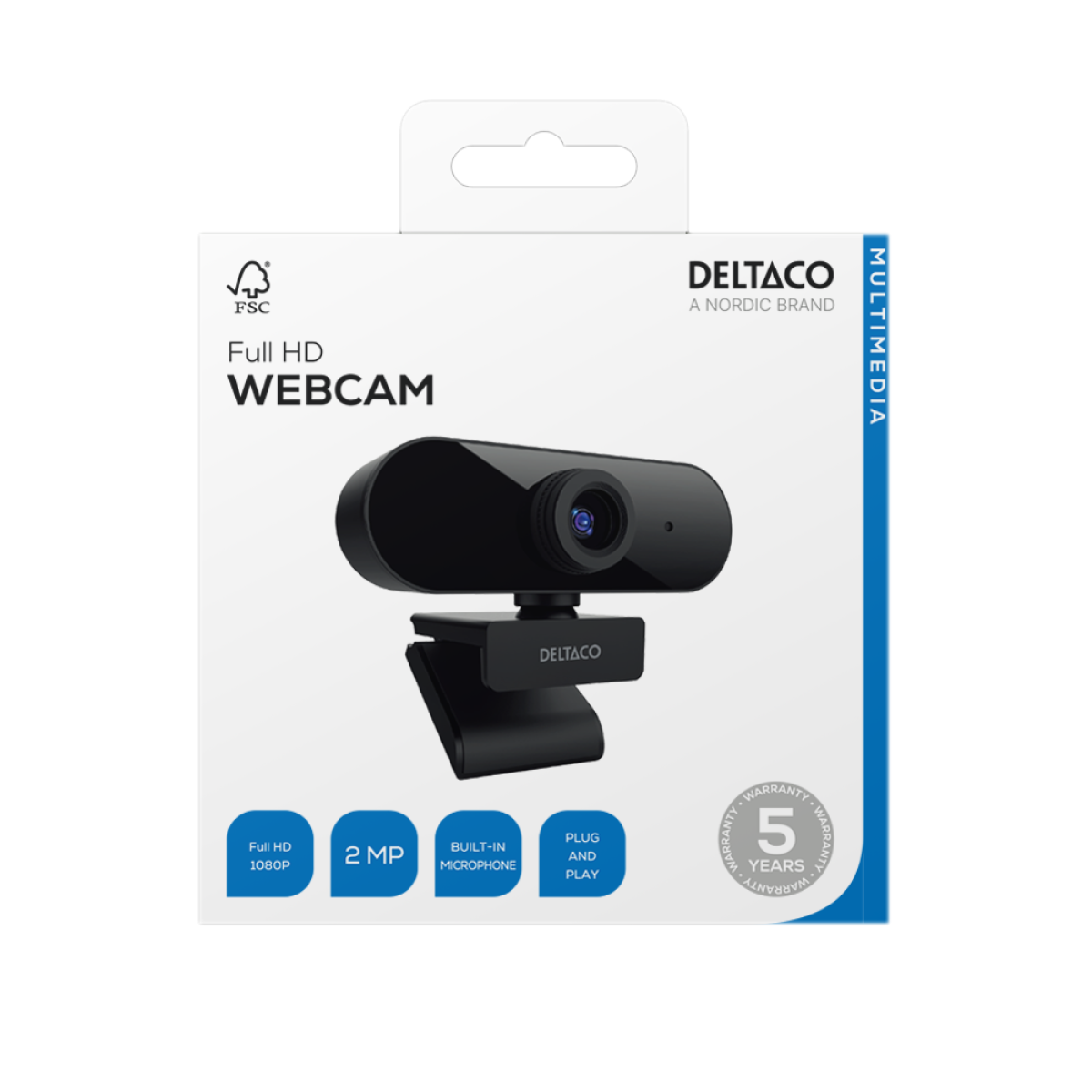 Una webcam Deltaco nera sulla sua scatola. Caratteristiche: Full HD, 2 MP, microfono integrato e plug-and-play. Sfondo nero.
