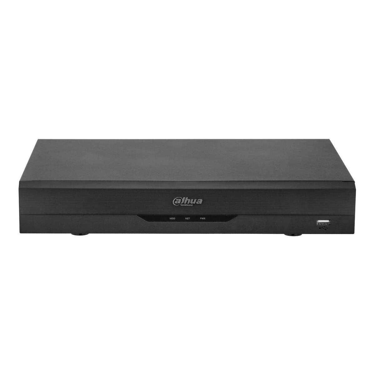 Un registratore DVR nero con il logo 'dahua'. Il dispositivo è rettangolare, su sfondo bianco. Ha etichette HDD, NET, PWR.