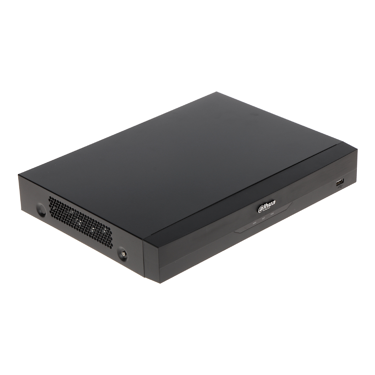 Un videoregistratore digitale (DVR) nero su una superficie bianca. Ha il logo 'dahua', indicatori di alimentazione e HDD e una porta USB.