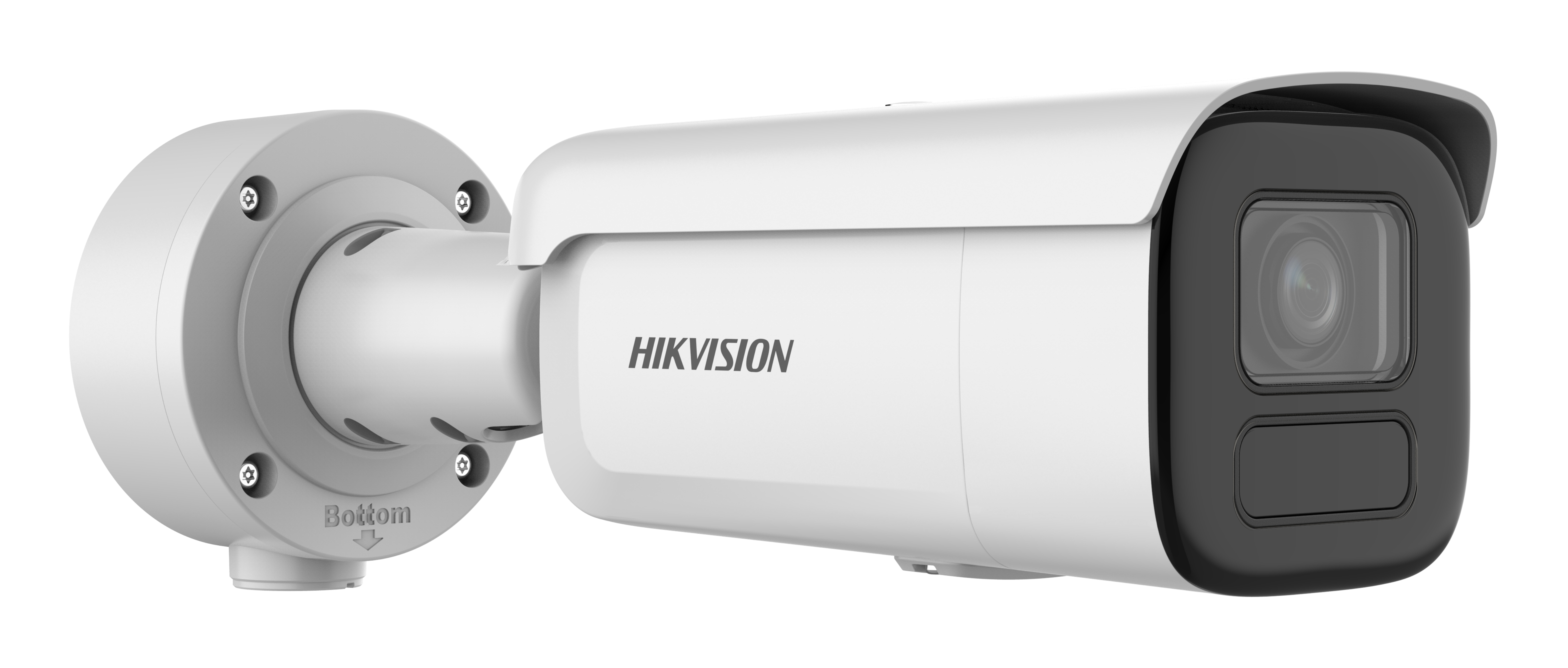 Telecamera di sicurezza Hikvision bianca, design cilindrico. Presenta una lente nera e una staffa per il montaggio. Etichetta 'Bottom' visibile.