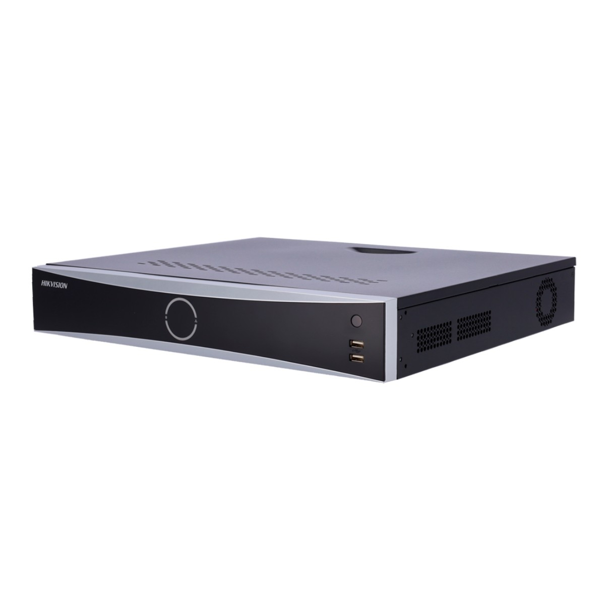 Un dispositivo Hikvision nero e argento. Ha un design elegante con un pulsante circolare e due porte USB.