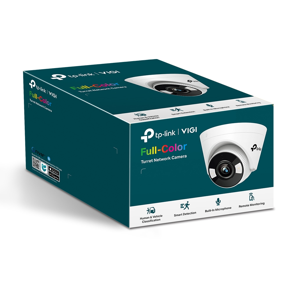 Una scatola bianca e verde acqua mostra una telecamera di rete TP-Link VIGI Full-Color Turret. Caratteristiche: rilevamento intelligente e monitoraggio remoto.