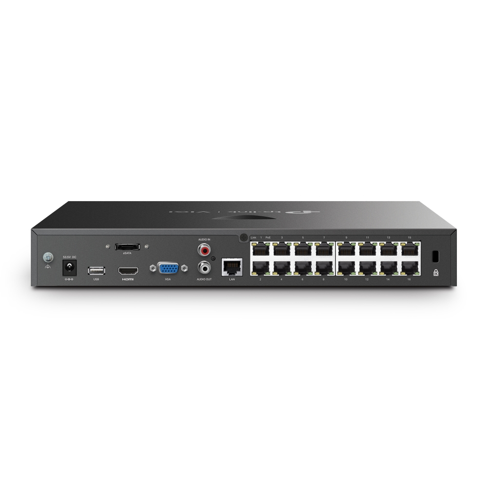 Registratore video di rete nero con più porte, tra cui HDMI, LAN e ingressi/uscite audio. Dispone di 16 porte Ethernet.