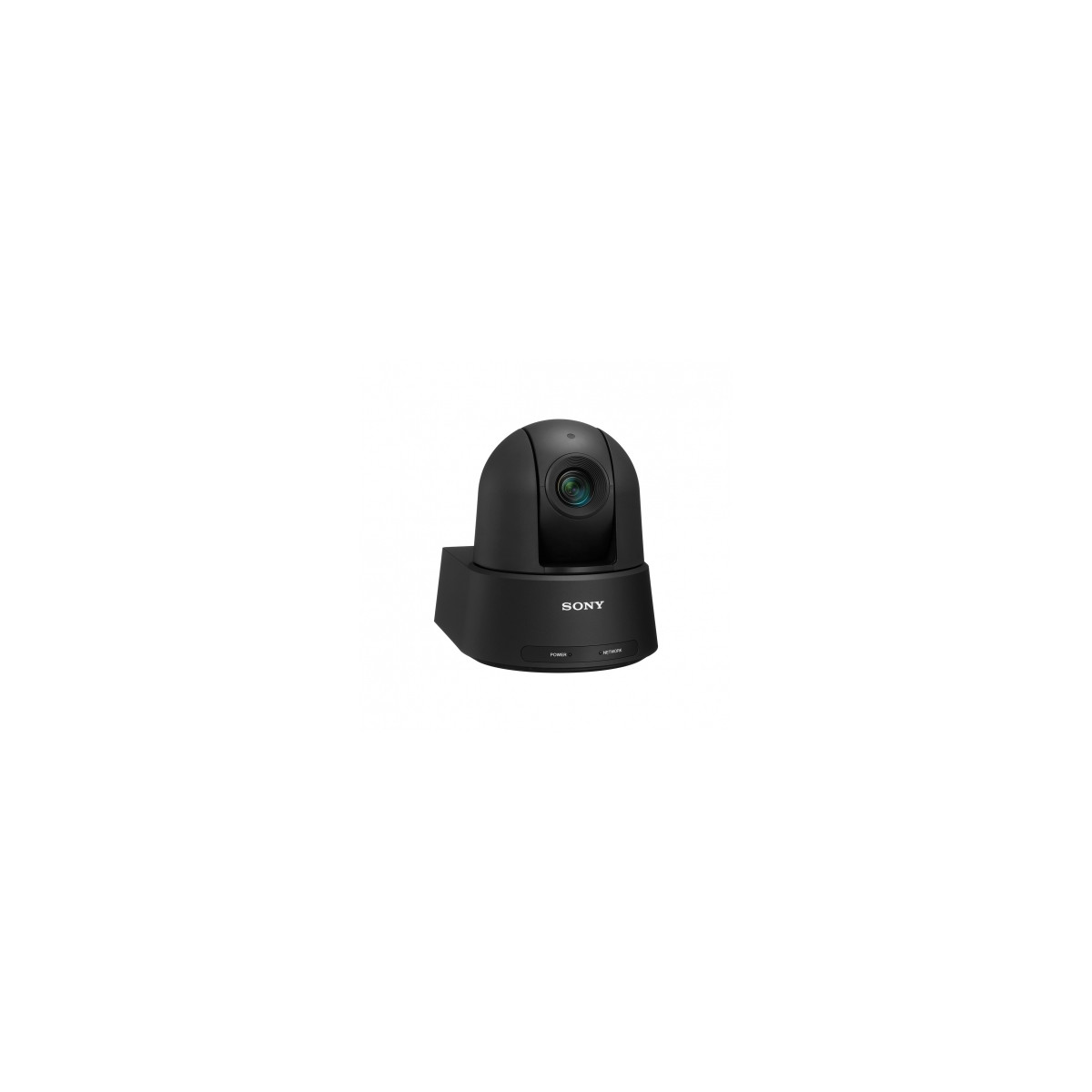 Una telecamera PTZ Sony nera su sfondo bianco. Ha una parte superiore a cupola e una base rettangolare con pulsanti.