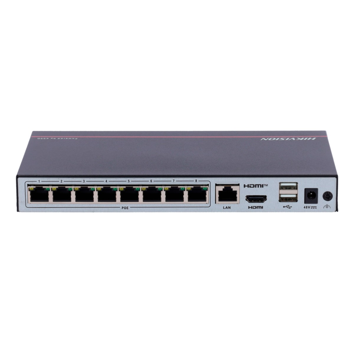 Switch di rete Hikvision nero con porte 1-8, HDMI, LAN, USB e ingresso alimentazione. Testo: HIKVISION.