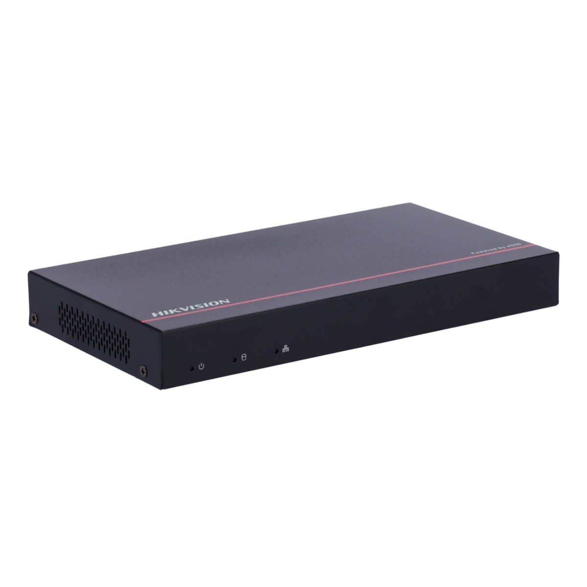 Un dispositivo di rete Hikvision nero. Ha un dettaglio a linea rossa e diverse piccole luci sul pannello frontale. Il marchio è visibile.