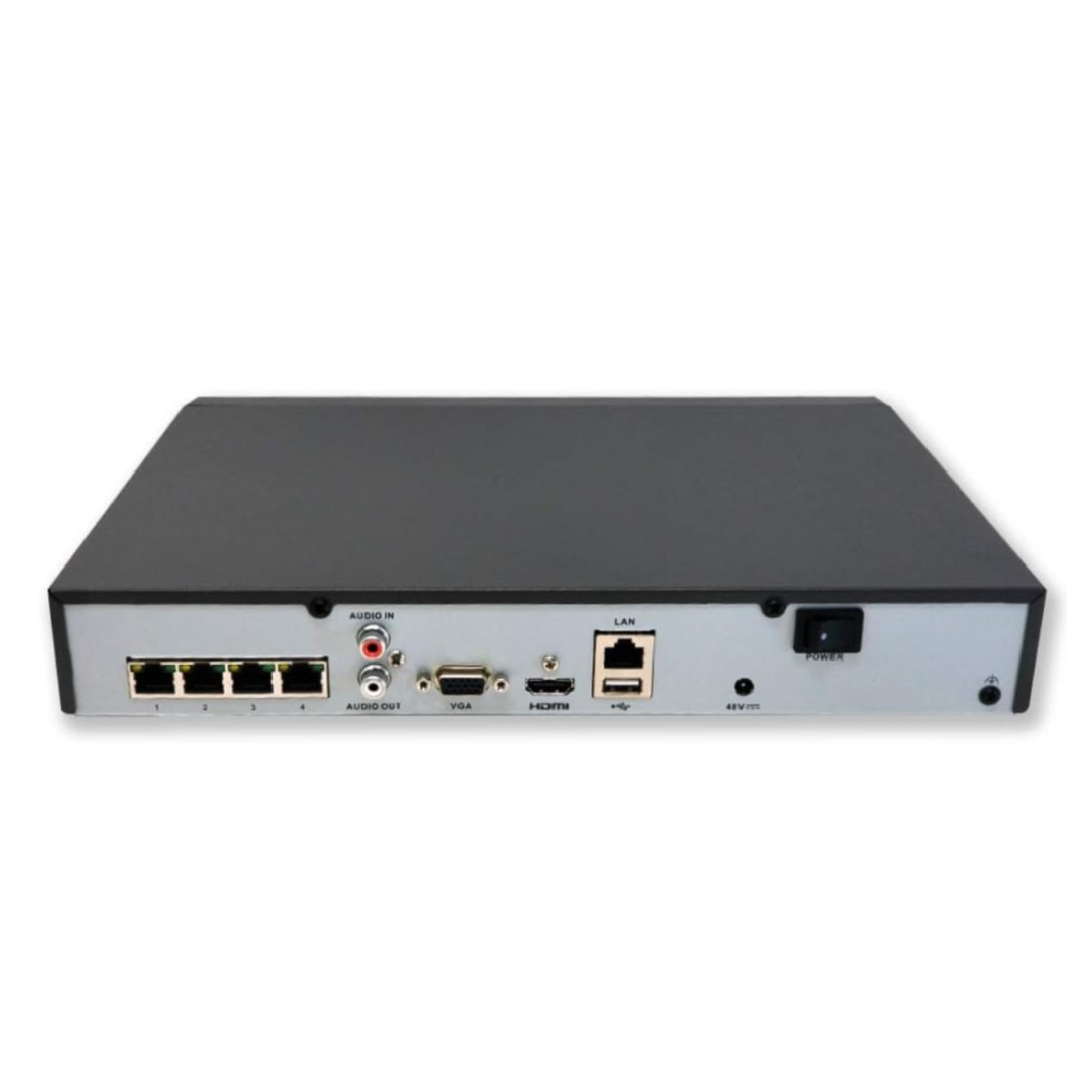 Un dispositivo nero con varie porte: audio, video, LAN e alimentazione. Le etichette includono 'AUDIO IN', 'VGA', 'HDMI', 'LAN' e 'POWER'.