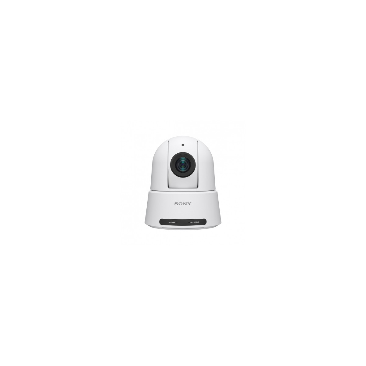 Una telecamera di sicurezza Sony bianca con la parte superiore a cupola e una base. Ha un obiettivo, la scritta SONY e pulsanti di accensione/rete.