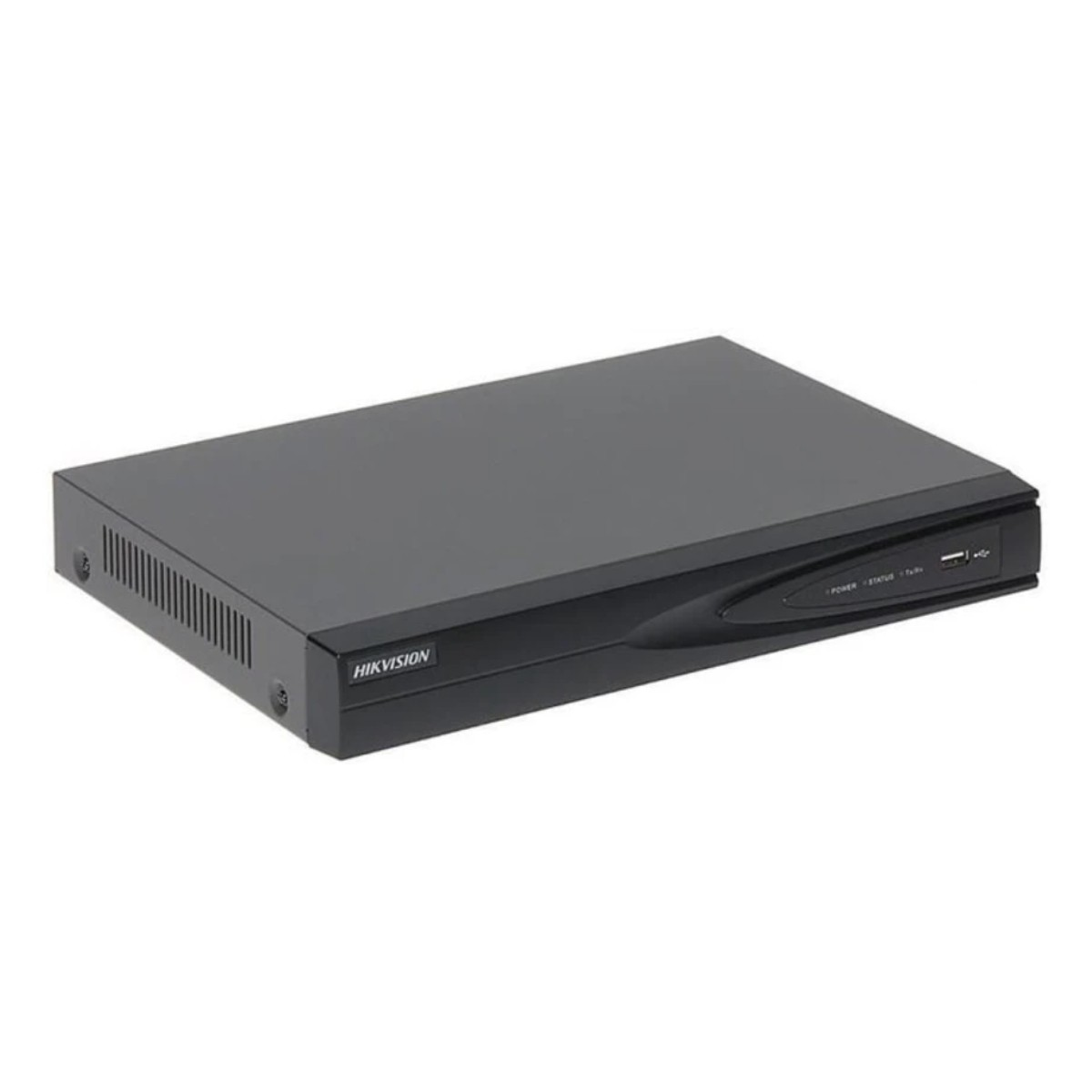 Siyah bir Hikvision DVR. Güç ve durum göstergeleriyle şık, dikdörtgen bir tasarıma sahip. Marka adı görülebilir.