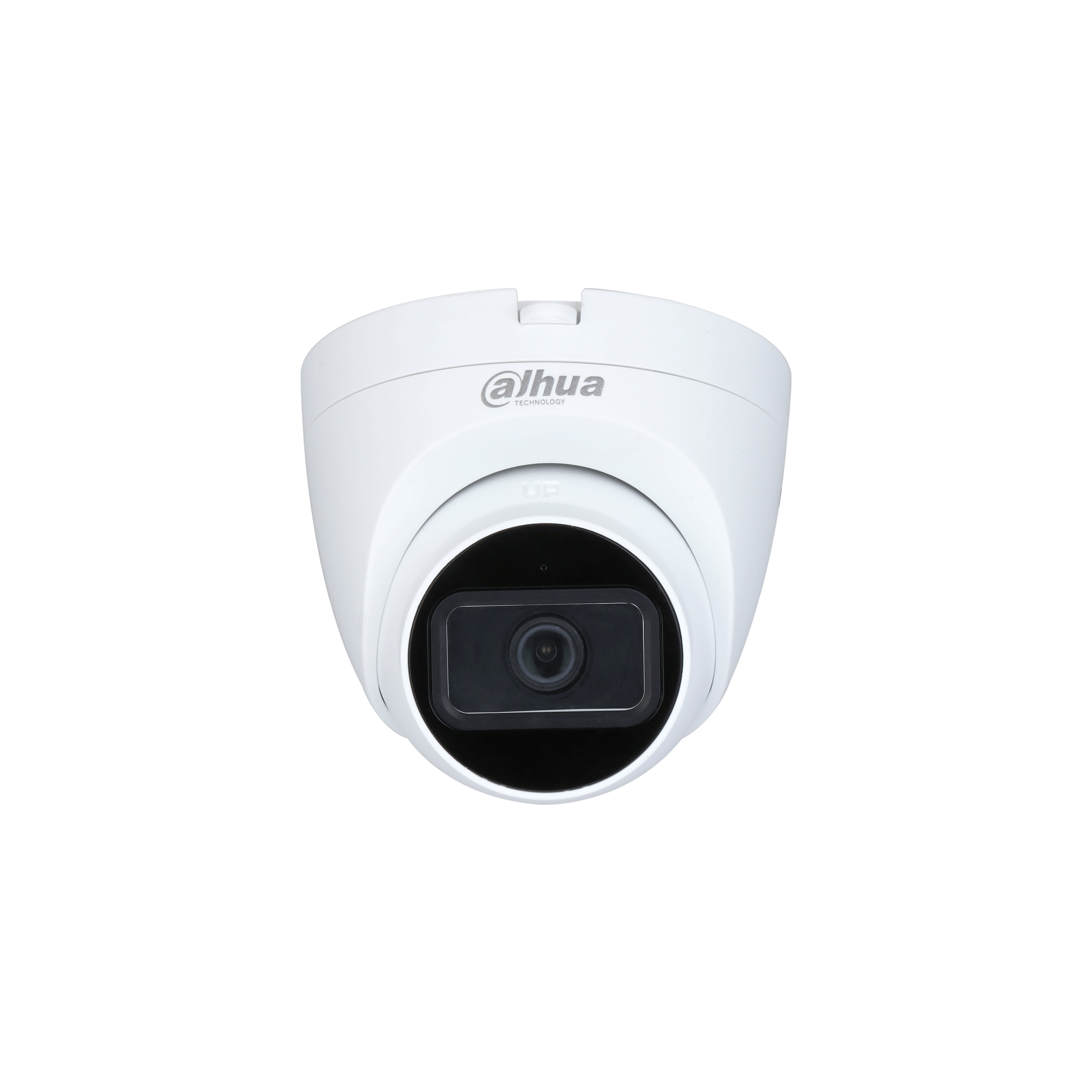 Telecamera di sicurezza a cupola bianca con lente nera, il marchio 'alhua' è stampato sopra.