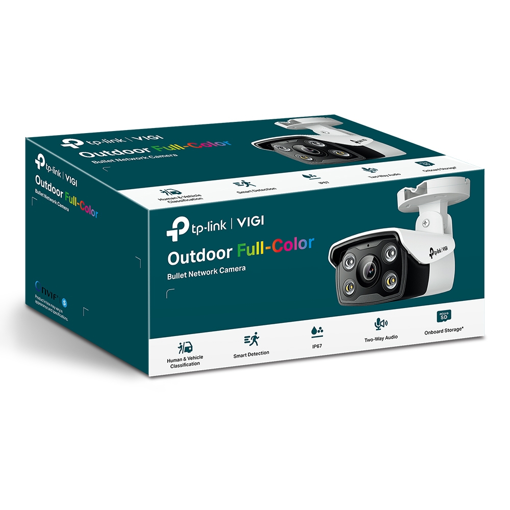 Schachtel einer TP-Link VIGI Outdoor Full-Color Bullet-Netzwerkkamera. Die Schachtel zeigt die Kamera und ihre Funktionen: Zwei-Wege-Audio, Smart Detection usw.