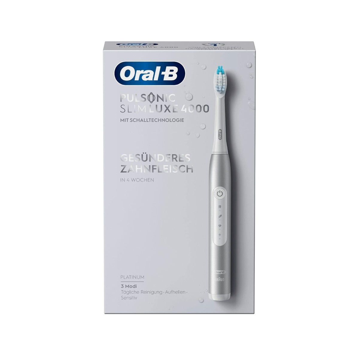 Szczoteczka elektryczna Oral-B PulsSonic Slim Luxe 4000 i jej pudełko. Szczoteczka jest srebrna i biała. Pudełko jest biało-szare.