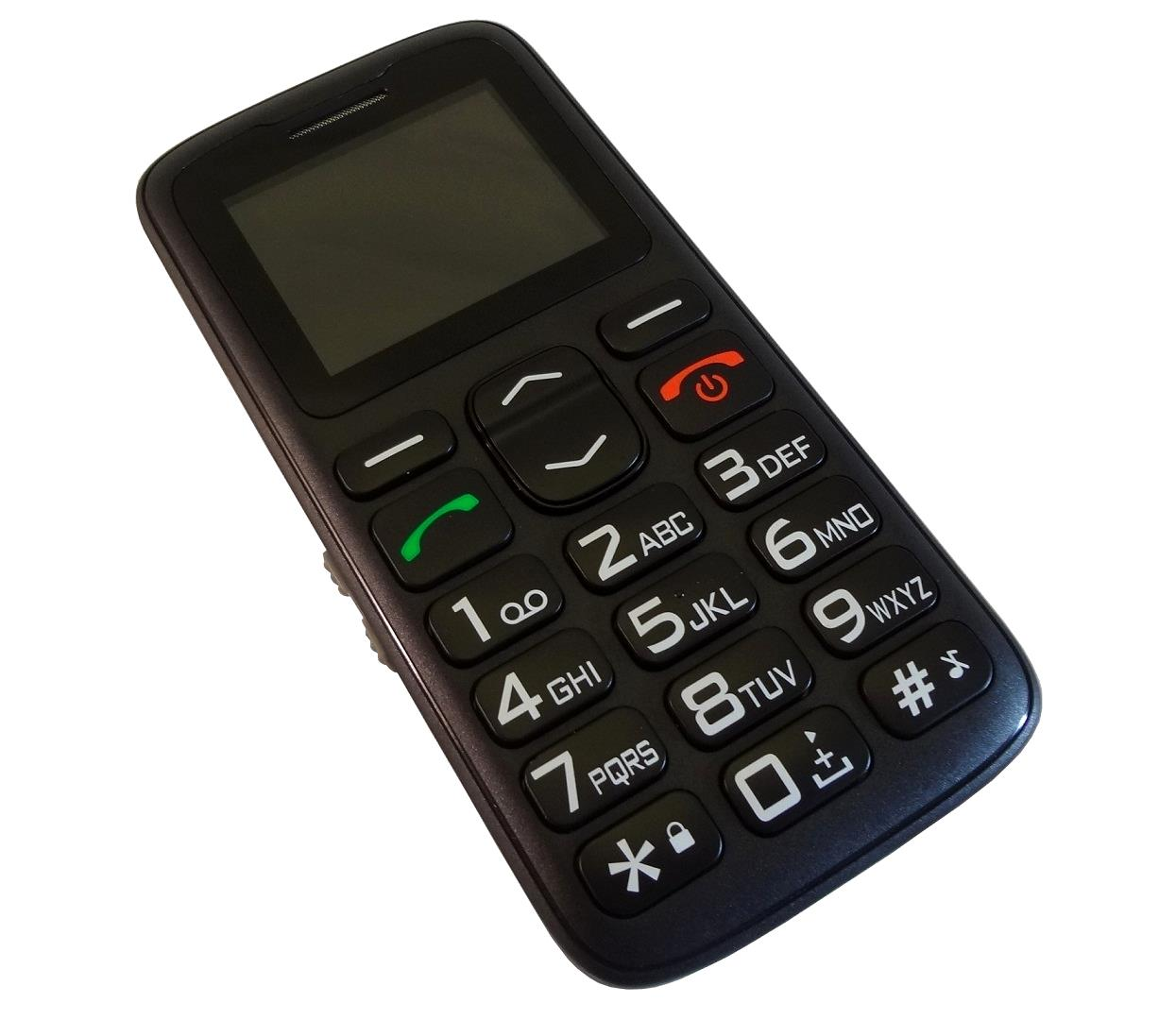 Ein schwarzes Handy mit großen Tasten. Es hat einen Bildschirm oben, eine Tastatur mit Zahlen und Symbolen und eine rote Ein-/Aus-Taste.