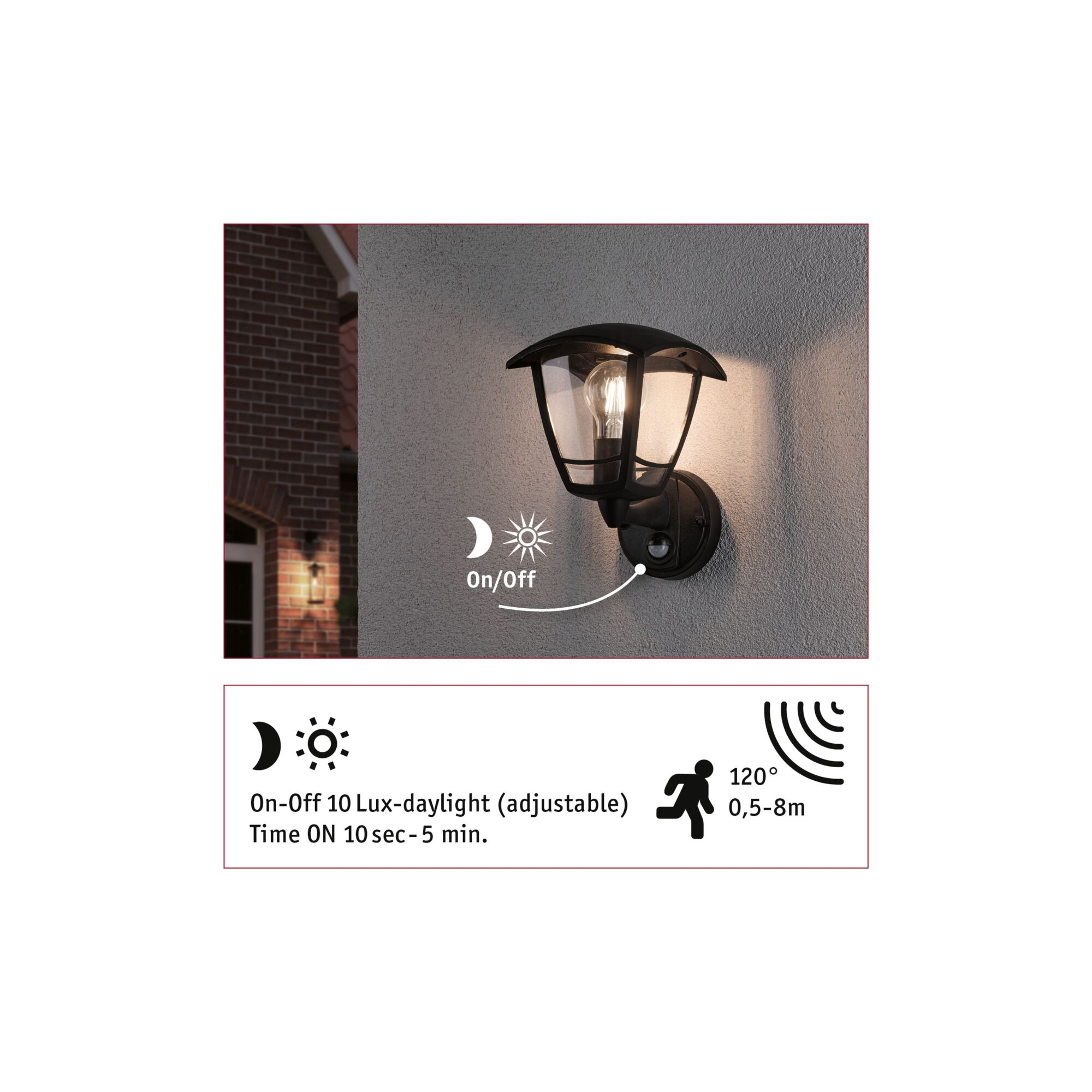 Czarna zewnętrzna lampa ścienna z żarówką, zamontowana na szarej ścianie. Posiada czujnik ruchu. Ikony wyświetlają funkcjonalność.